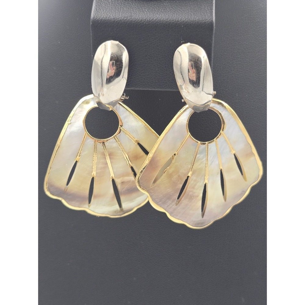 Elegant Mother of Pearl Fan Dangle Clip-On Earrings Gold &‎ Silver Tone Fashion - Picture 4 of 9